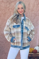 And The Why Full Size Washed Denim Detail Brushed Plaid Jacket