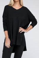 Dolman Long Sleeve V-Neck Side Slit Hi-Low Hem Top