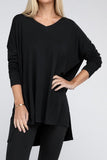 Dolman Long Sleeve V-Neck Side Slit Hi-Low Hem Top