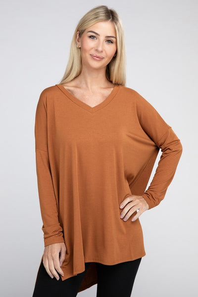 Dolman Long Sleeve V-Neck Side Slit Hi-Low Hem Top