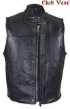 Men's Black Premium Leather Motorcycle Vest by Club Vest no front pockets