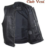 Men's Black Premium Leather Motorcycle Vest by Club Vest no front pockets