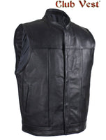 Men's Black Premium Leather Motorcycle Vest by Club Vest no front pockets