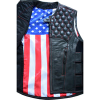 Patriot Wheels Bullet Proof Style Leather Motorcycle Biker Vest w/ USA Flas & Red trim