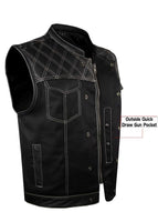 Jimmy Lee Leathers Mens Black Vest Diamond Design leather over denim white stitching Jimmy Lee Leathers Club Vest