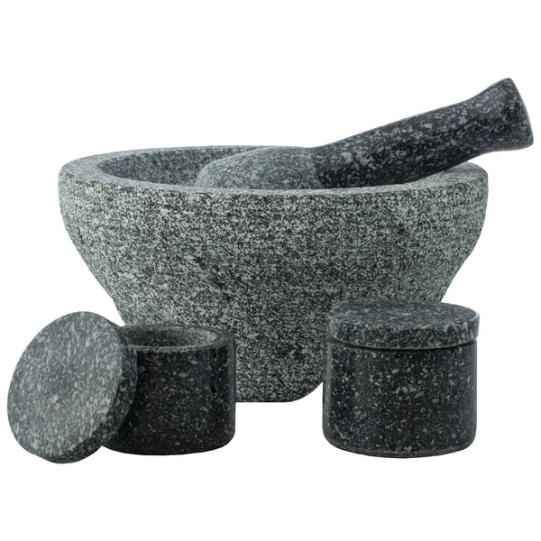 HealthSmart 4-piece Granite Molcajete Set, a Stylish Yet Durable Mortar & Pestle with 2 Spice Containers