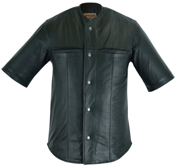 LEATHER PERFORATED MID SLEEVE MOTORCYCLE SHIRT Jimmy Lee Leathers Club Vest