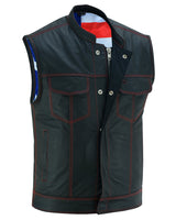 MEN’S LEATHER VEST WITH RED STITCHING AND USA INSIDE FLAG LINING Jimmy Lee Leathers Club Vest