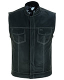 MEN’S PAISLEY BLACK LEATHER MOTORCYCLE VEST WITH WHITE STITCHING Jimmy Lee Leathers Club Vest