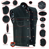 MEN’S PAISLEY BLACK LEATHER MOTORCYCLE VEST WITH WHITE STITCHING Jimmy Lee Leathers Club Vest