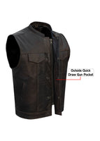 Men's Brown 1/2" Collar Leather Motorcycle Club Vest