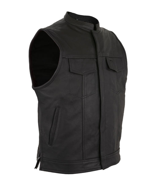 Mens Premium Leather Motorcycle Vest Black Liner w/ Zipper & Snaps plus side zippers