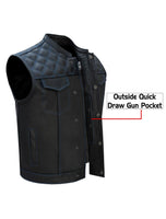 Mens Black Club Vest Diamond Design Blue Thread Premium Cowhide Leather