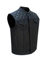 Mens Black Club Vest Diamond Design Blue Thread Premium Cowhide Leather