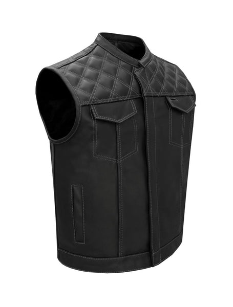 Mens Black Vest Diamond Padding WHITE Threading Premium Leather MC vest