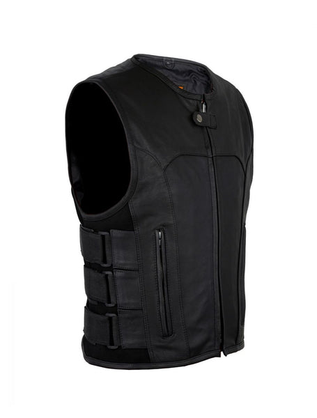 Men's Black Bullet Proof Style Leather Vest with Straps on Side By Jimmy Lee Leathers Jimmy Lee Leathers Club Vest