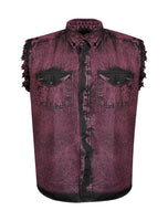 Mens Biker Cut off Sleeve Cotton Shirt Stonewash Burgundy Jimmy Lee Leathers Club Vest