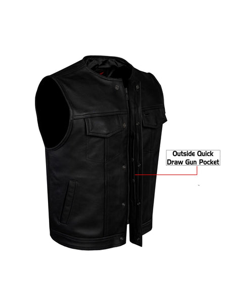 Mens Motorcycle Collarless CLUB VEST with Black Liner & Zipper Front Closure Jimmy Lee Leathers Club Vest