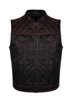 Mens Naked Leather Motorcycle Club Vest Red Thread Zipper Front, Diamond Padding by Jimmy Lee Jimmy Lee Leathers Club Vest