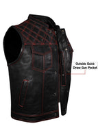 Mens Naked Leather Motorcycle Club Vest Red Thread Zipper Front, Diamond Padding by Jimmy Lee Jimmy Lee Leathers Club Vest