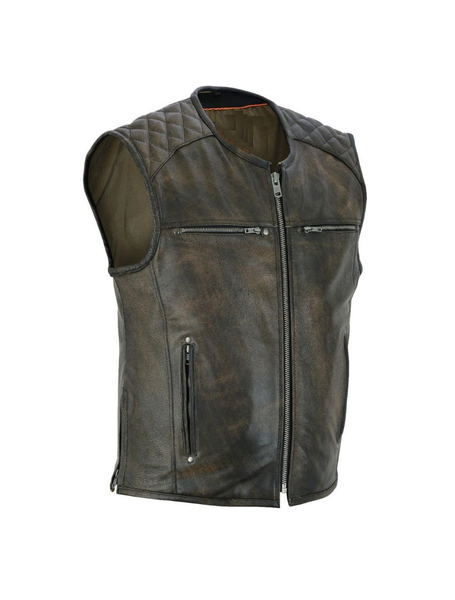 Mens Retro Brown Premium Naked Leather Vest Padded Shoulders, Side Zippers for Comfort Fit Jimmy Lee Leathers Club Vest