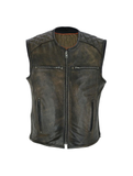 Mens Retro Brown Premium Naked Leather Vest Padded Shoulders, Side Zippers for Comfort Fit Jimmy Lee Leathers Club Vest