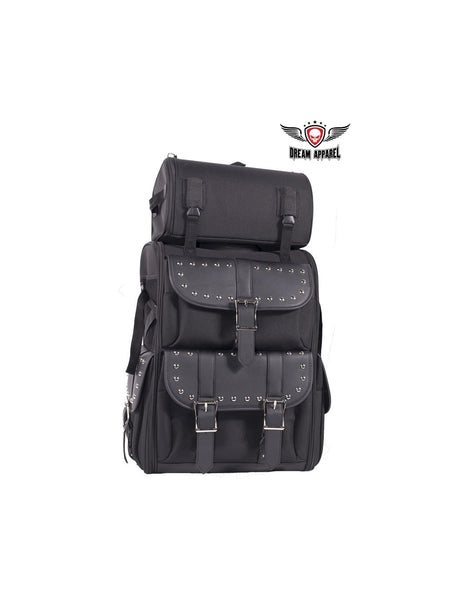 Premium Large Motorcycle Sissy bar Tour Bag with Studs and dual side door access Jimmy Lee Leathers Club Vest