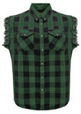 Men's Sleeveless Flannel Shirt Black & Green Sleek Design Cotton Shirt Frayed Sleeves