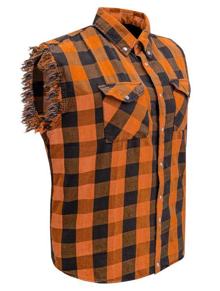 Men's Sleeveless Flannel Shirt Black & Orange Sleek Design Cotton Shirt Frayed Sleeves