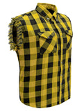 Men's Sleeveless Flannel Shirt Black & Yellow Sleek Design Cotton Shirt Frayed Sleeves