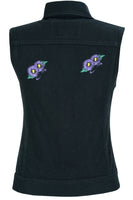 WOMEN'S BLACK DENIM SNAP FRONT VEST WITH PURPLE DAISY Jimmy Lee Leathers Club Vest