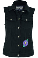 WOMEN'S BLACK DENIM SNAP FRONT VEST WITH PURPLE DAISY Jimmy Lee Leathers Club Vest