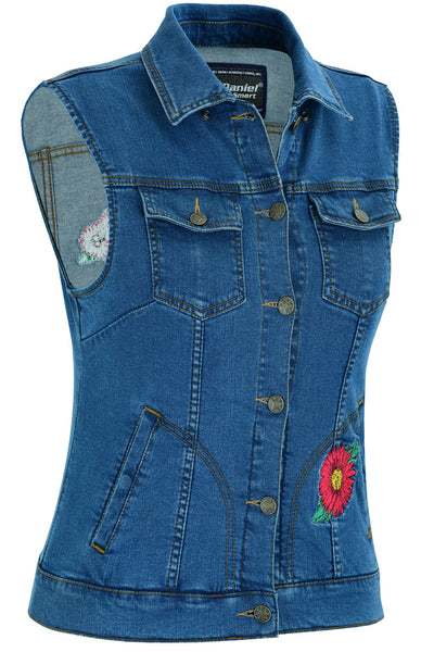 WOMEN'S BLUE DENIM SNAP FRONT VEST WITH RED DAISY MOTORCYCLE VEST Jimmy Lee Leathers Club Vest