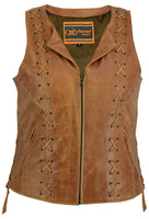 WOMEN’S BROWN ZIPPERED VEST STUDS WITH LACING DETAILS Jimmy Lee Leathers Club Vest