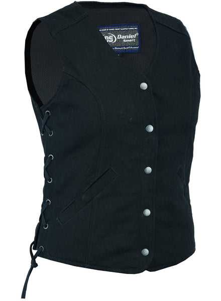 WOMEN’S DENIM LONGER BODY ¾ VEST – SIDE LACES vest Jimmy Lee Leathers Club Vest