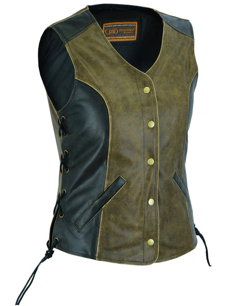 WOMEN’S STYLISH LONGER BODY ¾ SIDE LACES TWO TONE VEST Jimmy Lee Leathers Club Vest