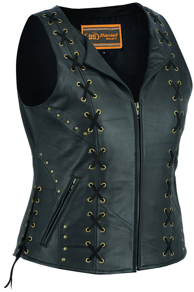 WOMEN’S ZIPPERED VEST STUDS WITH LACING DETAILS Jimmy Lee Leathers Club Vest