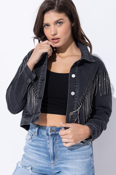 CROP DENIM JACKET WITH RHINESTONE FRINGE