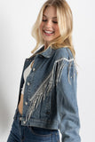 CROP DENIM JACKET WITH RHINESTONE FRINGE