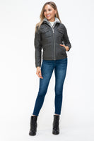 YMI Removable Faux Layered Multi-Pocket Jacket with Fuzzy Hood