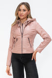 Snobbish Faux Leather Zip Up Drawstring Hooded Jacket