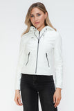 Snobbish Faux Leather Zip Up Drawstring Hooded Jacket