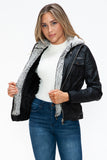 YMI Removable Faux Layered Multi-Pocket Jacket with Fuzzy Hood