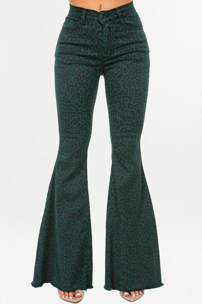 Leopard Bell Bottom Jean in Green- Inseam 32 Made In: USA