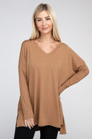 Dolman Long Sleeve V-Neck Side Slit Hi-Low Hem Top