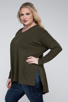 Plus Dolman Sleeve V-Neck Side Slit Hi-Low Hem Top