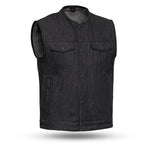 Black Denim Motorcycle Vest No collar no liner sample size Medium SAMPLE CLOSEOUT