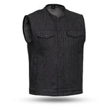 Black Denim Motorcycle Vest No collar no liner sample size Medium SAMPLE CLOSEOUT