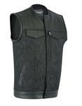 Men's Leather Over Denim Combo Vest Without Collar concealed carry