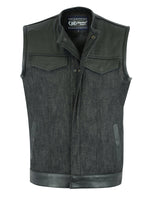 Men's Leather Over Denim Combo Vest Without Collar concealed carry